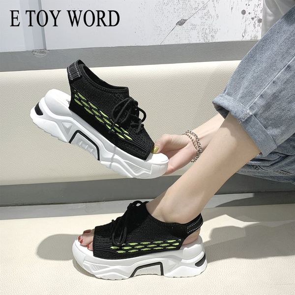 

e toy word sports platform sandals women 2020 new summer shoes women lace up flat shoes thick bottom mesh fish mouth sandals, Black