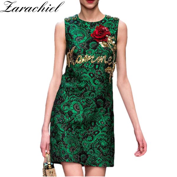 

2019 summer runway women sequined beading rose embroidery jacquard dress ladies sleeveless party green tank dress, Black;gray