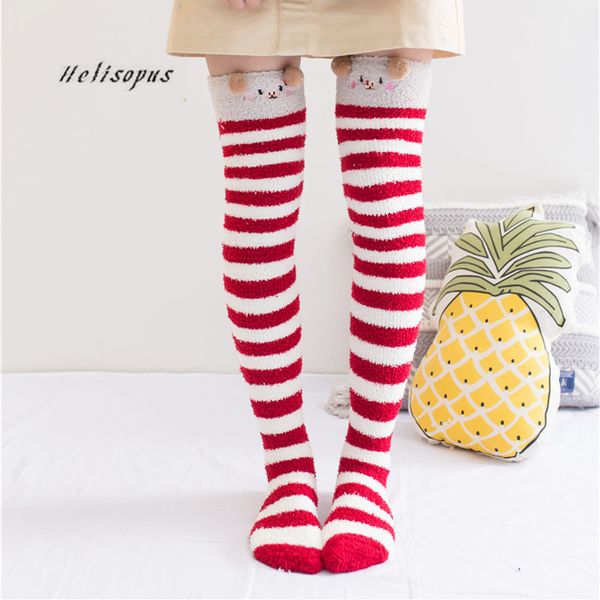 

helisopus women cartoon coral velvet knee socks lady lovely warm comfortable thick long socks winter striped cute stockings, Black;white