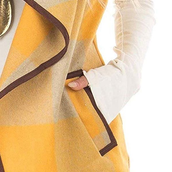 

2019 женщины vest мода plaid рукавов карманный кардиган жилеты outwear плюс размер рукавов убавьте шеи открыть ветровки, Black;white