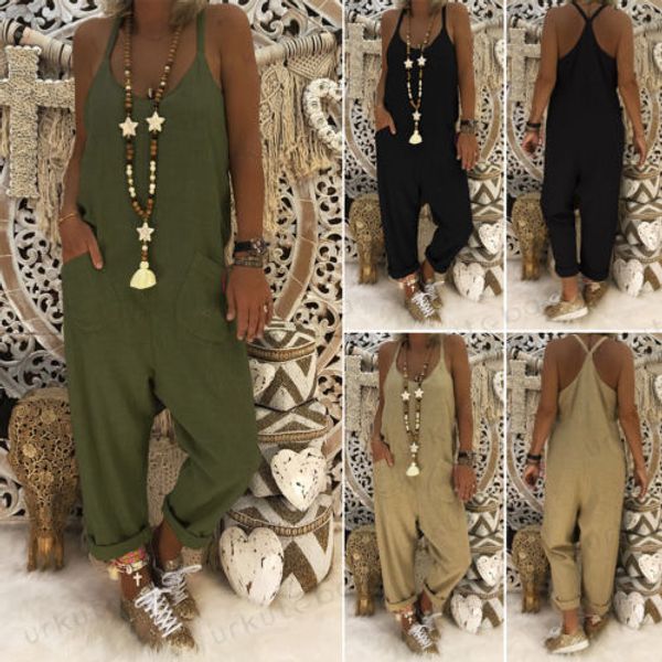 

women cotton linen overalls jumpsuit strap rompers dungaree loose trousers jumpsuits solid pockets long ladies casual bodysuits, Black;white