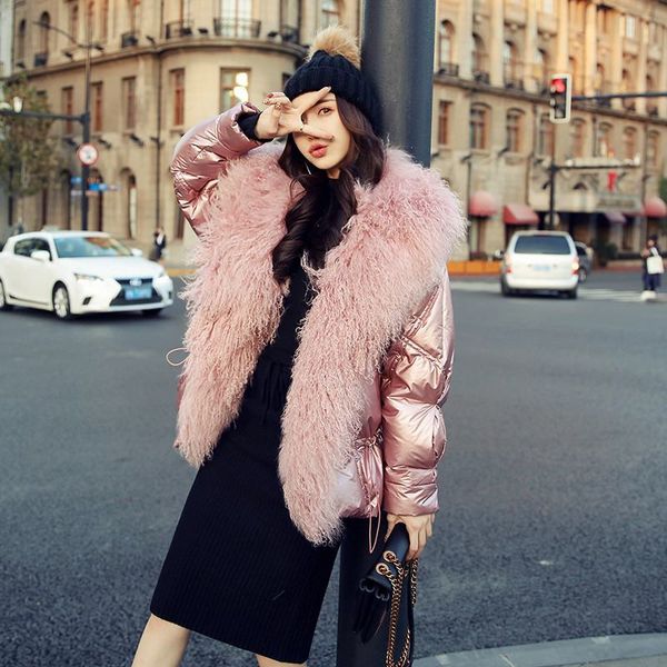 

2019 new winter women wool large real fur collar white duck down jackets female loose thick warm outerwear silver parka m02, Black