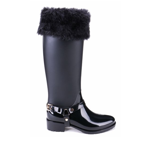 

tongpu женщины boots матовая и глянцевая пряжка гольфы съемные плюшевые подкладка водонепроницаемые сапоги дождь 25-160tp, Black