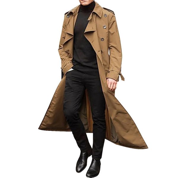 

litthing 2019 long trench coat men solid classic winter jacket men casual loose british style trench overcoat streetwear coat, Tan;black