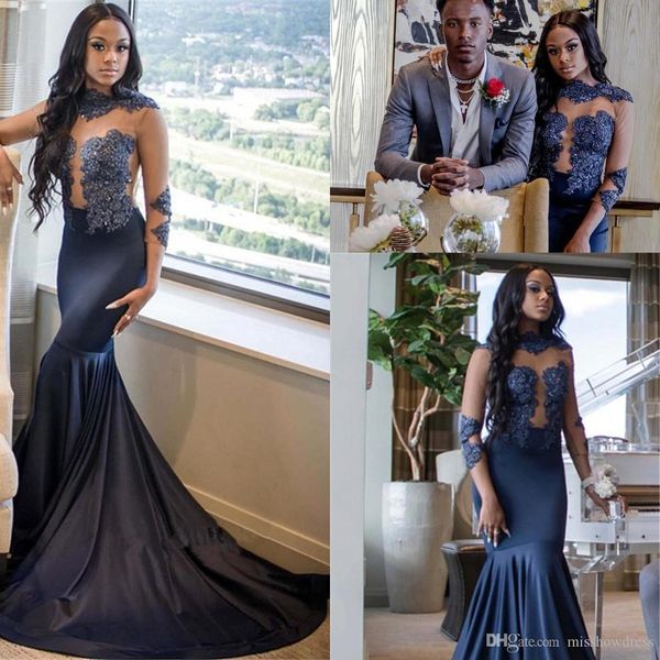 

elegant navy blue lace mermaid prom dresses new sheer long sleeves appliques beaded satin floor length long evening party gowns, Black