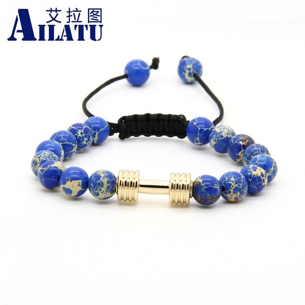 

ailatu wholesale 8mm sea sediment stone beads with metal new barbell fitness dumbbell macrame bracelets, Golden;silver