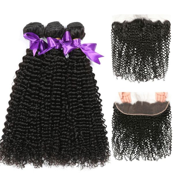 

kinky завитые связки с фронтальным человеческих волос пучки с закрытием 4x13 lace frtonal бразильский волос плетение связки с фронтальным 4ш, Black;brown