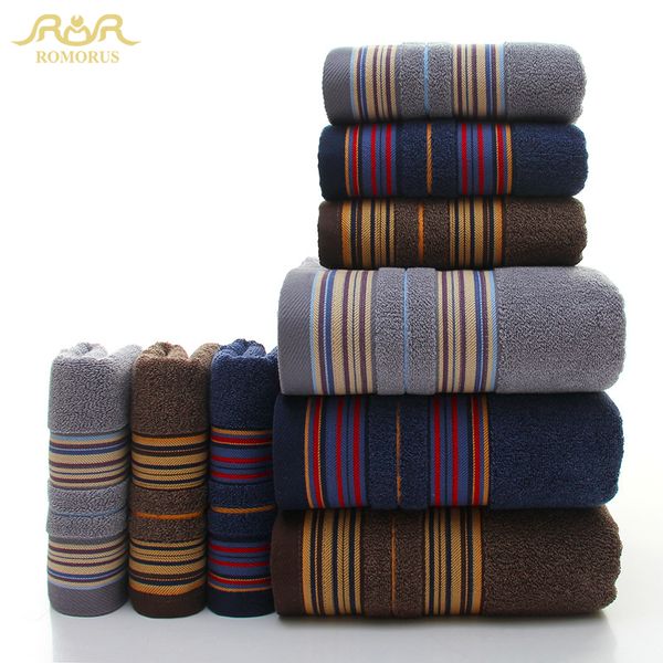 

romorus 3-pieces/set thicker stripe pattern soft 100% cotton towel set bathroom super absorbent blue gray bath towel face towels