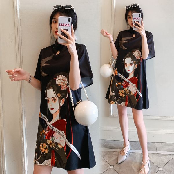 

chinese style pregnant woman qipao dress loose printed design short sleeve cotton blend maternity dress for pregnant womenzl785, White