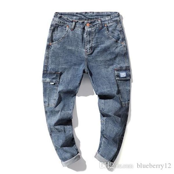 

summer mens jeans fashion style streetwear solid color slim straight mens casual jeans plus size asian size, Blue