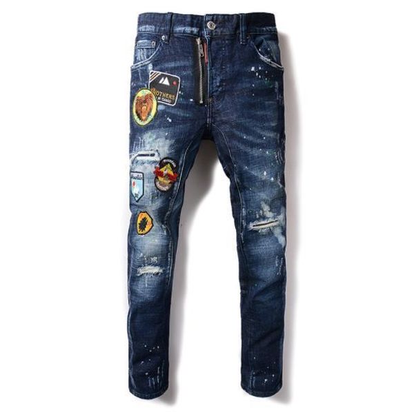 

mens designer jeans new blue trend high street luxury tattered jeans street badge hole print designer trousers