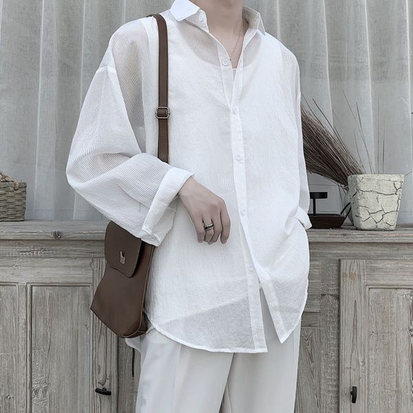

summer thin dress shirt men's fashion solid color business casual shirt men streetwear wild loose long sleeve mens s-xl, White;black
