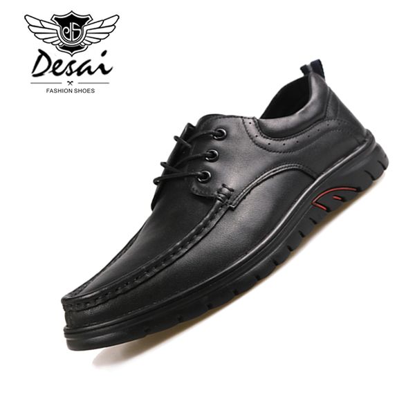 

men's shoes 2019 genuine leather business casual shoes men round toe thick bottom with breathable soft face oxfords dad, Black