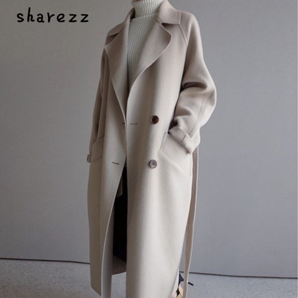 sharezz 2019 cappotto invernale di lana da donna risvolto largo tasca con cintura cappotto in misto lana lungo capispalla in lana manteau femme hiver