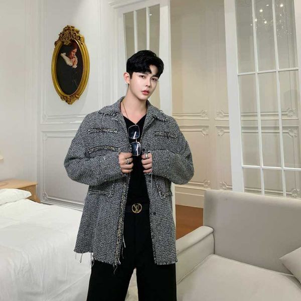 

men streetwear hip hop vintage fashion autumn woolen tassels loose casual plaid jacket male women thick shirt coat outerwear, Black;brown