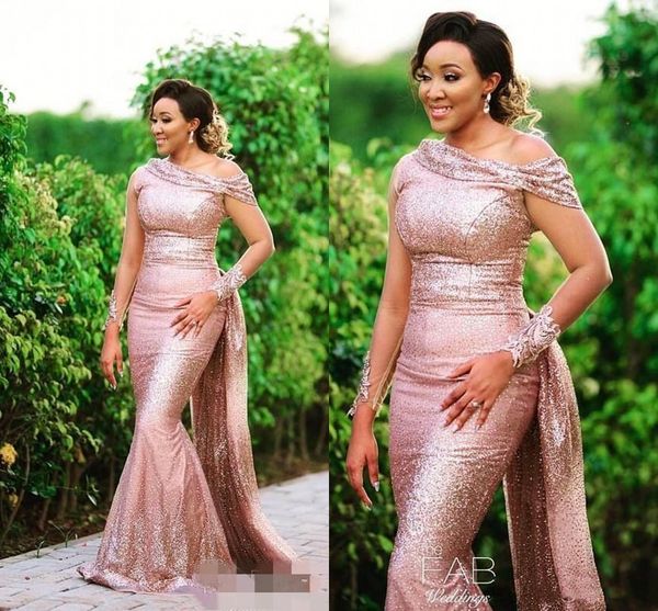 

rose gold sequined mermaid bridesmaid dresses 2020 arabic cap sleeve floor length with wrap formal wedding guest evening prom gowns, White;pink