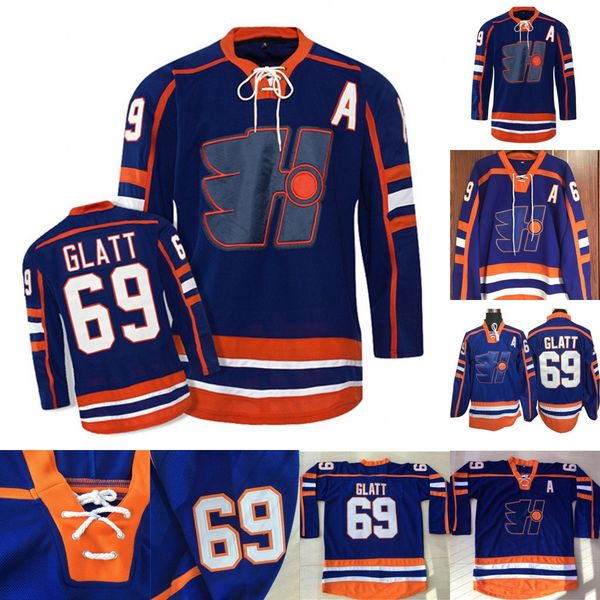 

goon hockey jersey #69 doug the thug glatt jersey goon movie hockey halifax highlanders jerseys blue 100% stitched ing, Black