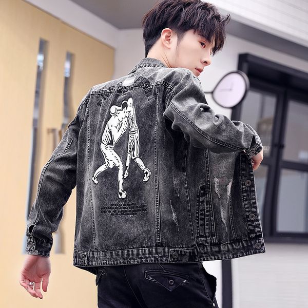 

vintage denim men hip hop printed fashion single breasted cotton ribbon jeans coats streetwear designer clothes, Black;brown