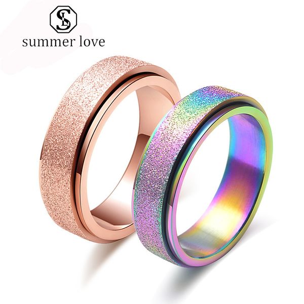 

titanium steel 6mm rotating rings for womwn men rose gold rainbow frosted surface lucky runner engagement wedding jewerly gift-y, Silver