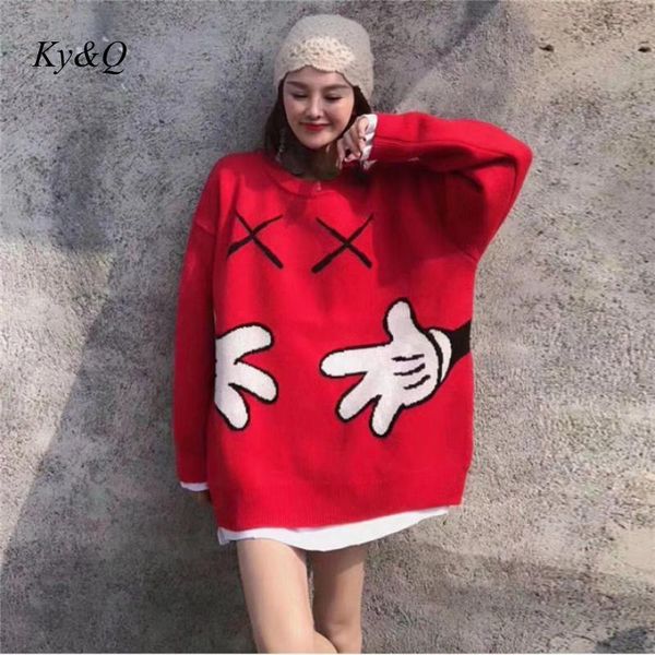 

brand design women fashion o-neck pullover 2020 spring new cartoon cute pattern embroidery casual wild loose sweater clothes, White;black