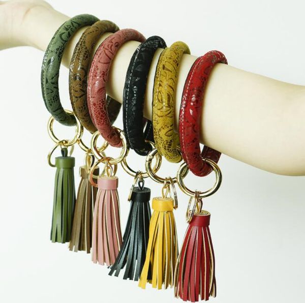 

pu leather round bracelet keychain fashion woman circle tassel wristlet key ring creative bangle key holder party gift a0071, Silver