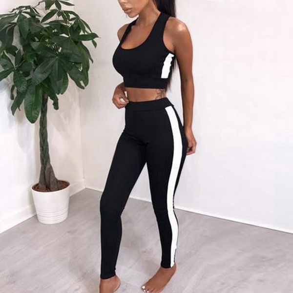 

striped print tracksuit women 2 pieces set outtwear sweatsuit casual sportswear sleeveless tank crop +pants women's set, White