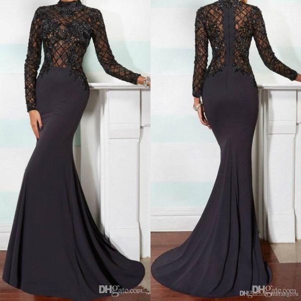 

2019 elegant mermaid mother of the bride dresses high neck long sleeve lace applique black beads crystals chapel train evening gowns, Black;red
