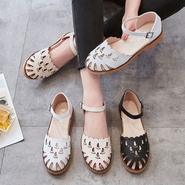 

hollow flat sandals 2020 summer new korean version of wild mori girl small fresh one-line buckle women's shoes, Black
