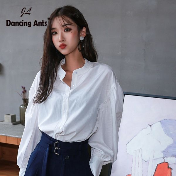 

женские рубашки с длинным рукавом фонарем стенд воротник блузки корейский офис леди однобортный свободные женские рубашки 2020 весна мода, White