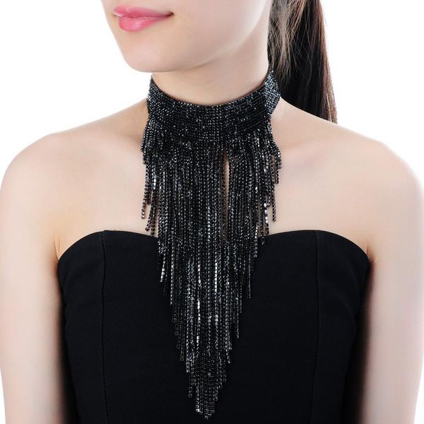 

jerollin fashion jewelry black choker long alloy tassel necklace women, Silver