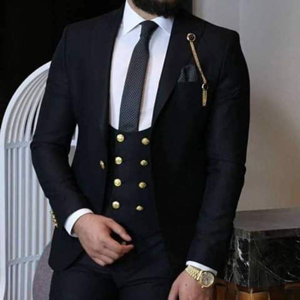 Красивые черные костюмы для мужчин Золотые пуговицы мужские смокинги для выпускного вечера Брюки Брюки Дизайн брюк Slim Fit Tailor Blazer (Куртка + брюки + жилет + бабочка)