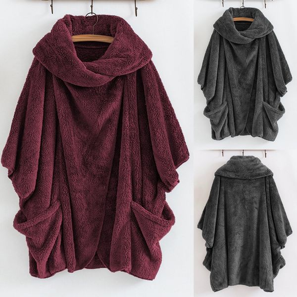 

fashionable winter warm women casual solid color turtleneck big pockets cloak coats vintage oversize coats outwear, Black