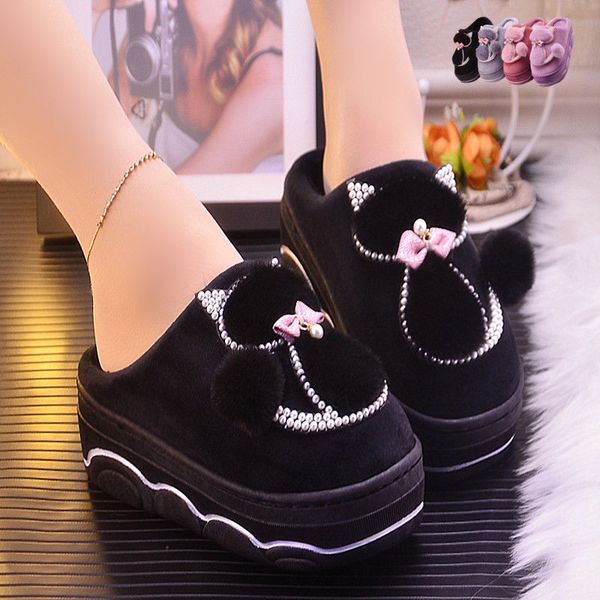 

platform ladies slippers rhinestone warm slippers for women indoor house cat bear girls winter shoes 2019, Black