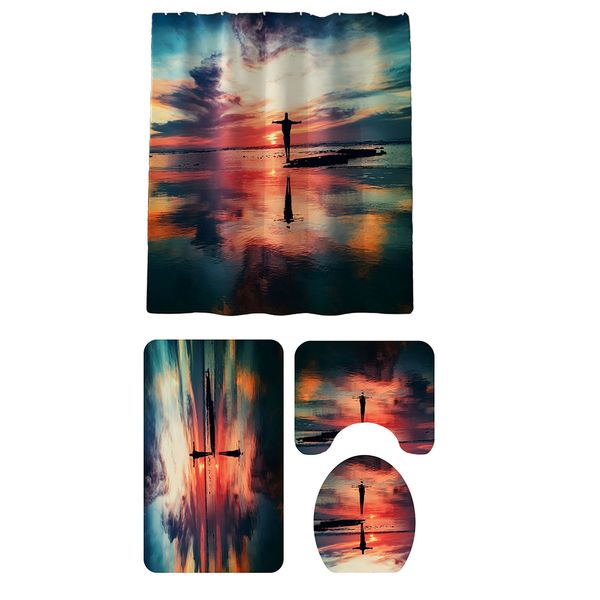 

practical non slip accessories decoration fashion home toilet seat rugs landscape print waterproof carpet shower curtain set