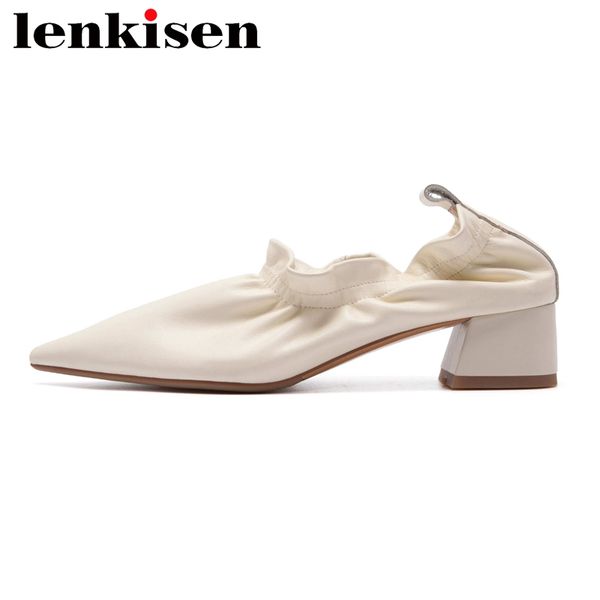 

lenkisen classic colors genuine leather pointed toe med heel strange shoes women pleated elastic band young lady daily pumps l28, Black