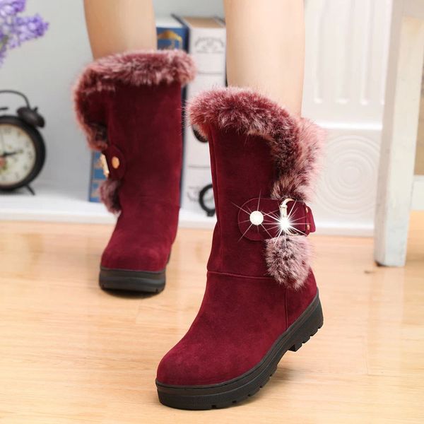 

women snow boots low heel round toe mid-calf boots belt buckle thickened warm winter women shoes plus size scarpe donna, Black