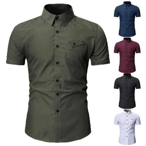 

men shirt autumn casual cargo slim button short sleeve dress shirt classic business formal shirts wedding costume, White;black