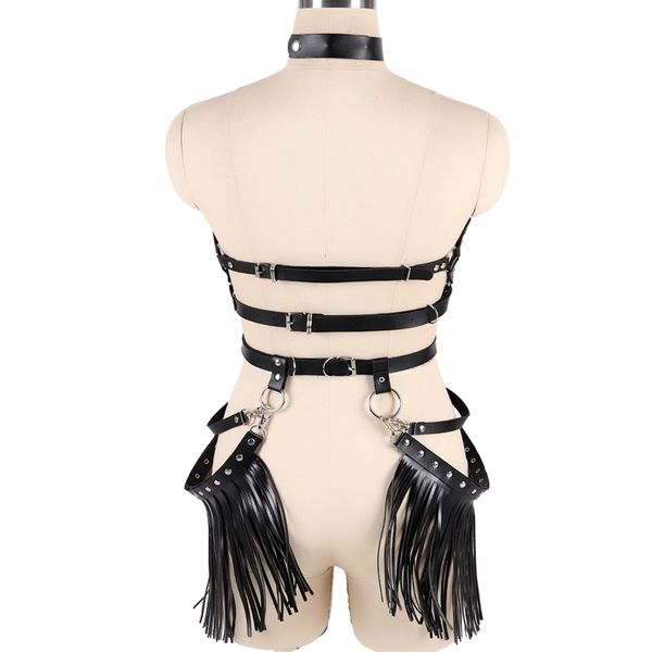 

2 piece set leather harness black body caged chest rivet punk tassle waist garter belt lingerie adjust dance festival, Black;white