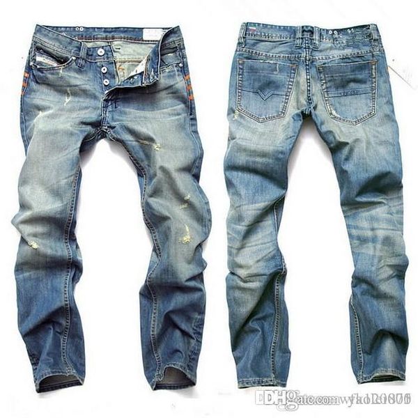 

2017 men's new listing hole nostalgic jeans light blue straight slim button men's europe and the united states jeans