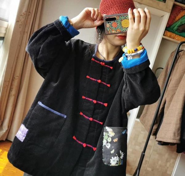 

women's down & parkas parka 2021 autumn retro national style long-sleeved disc buckle slim corduroy stand-collar cotton clothing women, Black