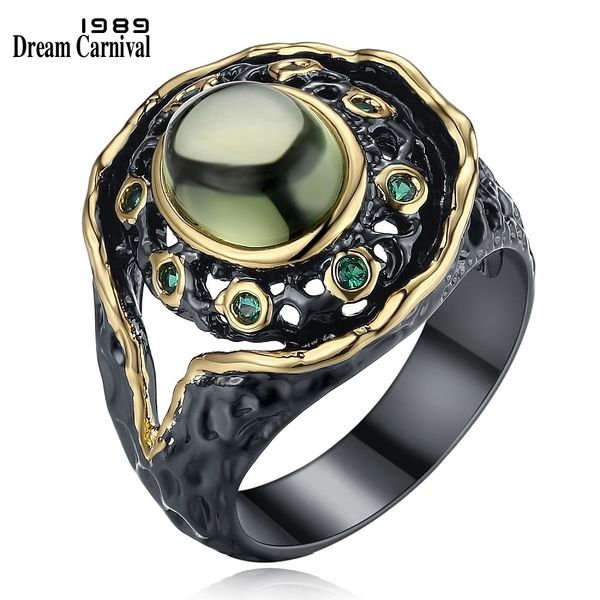 

dreamcarnival 1989 neo-gothic round green zirconia vintage ring for women black gold color elegant jewelry anillos mujer wa11484, Golden;silver