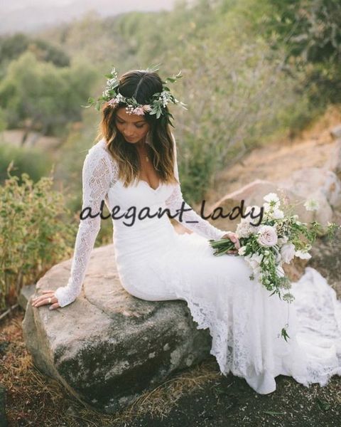 

bohemian mermaid wedding dresses with long sleeve 2019 modern full lace summer holiday beach boho country bridal reception gown, White