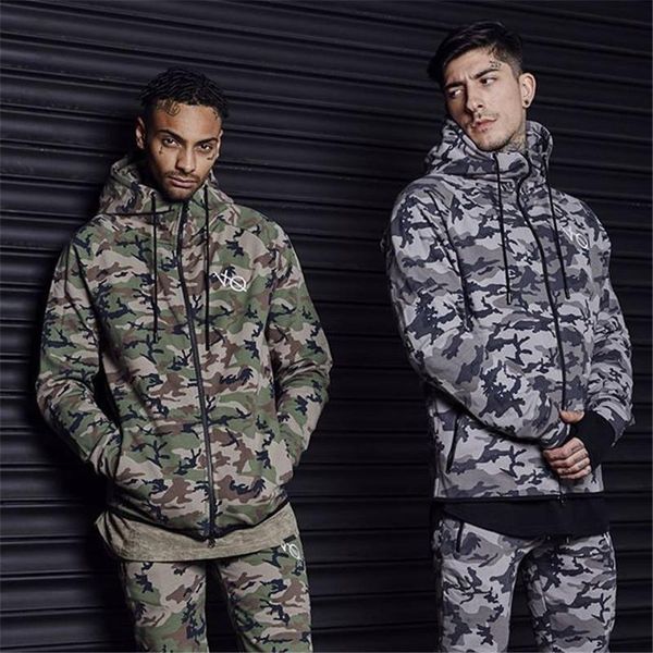 

2019 new fashion men camouflage gyms sets men long-sleeved hoodies+pants two-piece male tracksuit men's casual sportswear suits, Gray