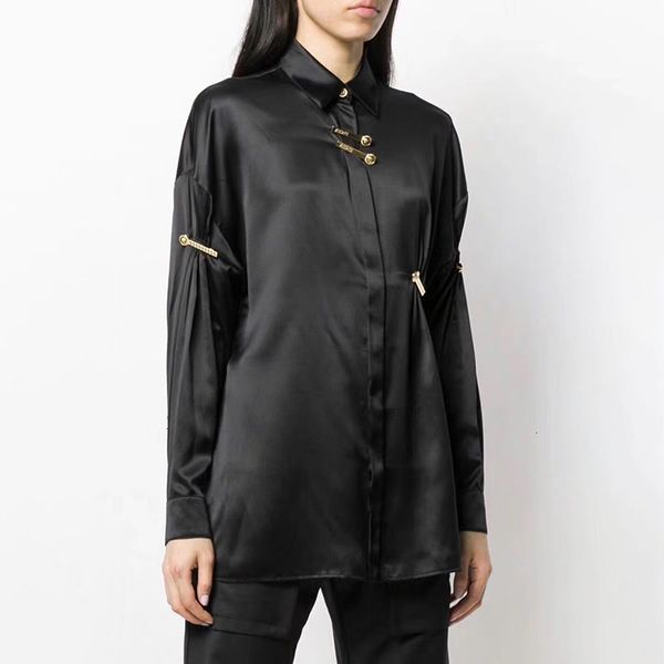 

pin fold decoration long sleeve single row buckle shirts woman loose fashion female blouses, White