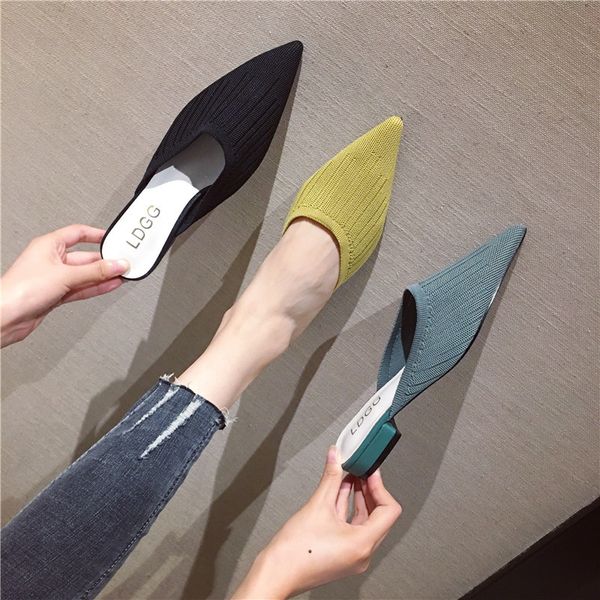 

knitted slippers socks femme autumn closed toe mules slides solid pointed thick heels flats -weave espadrilles lady flipflops, Black