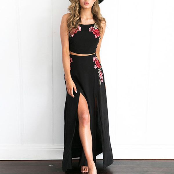 

rose flower embroidered women dress strappy crop long maxi dresses chinese style wearing dressing, White