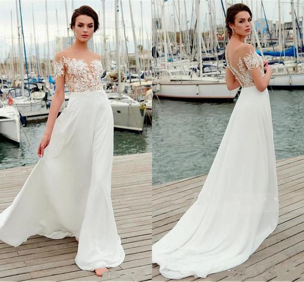 

2020 New Sheer Neck A-line Country Wedding Dresses With Short Sleeves Lace Applique Bateau See Though Back Empire Waist Beach Wedding Dress, White