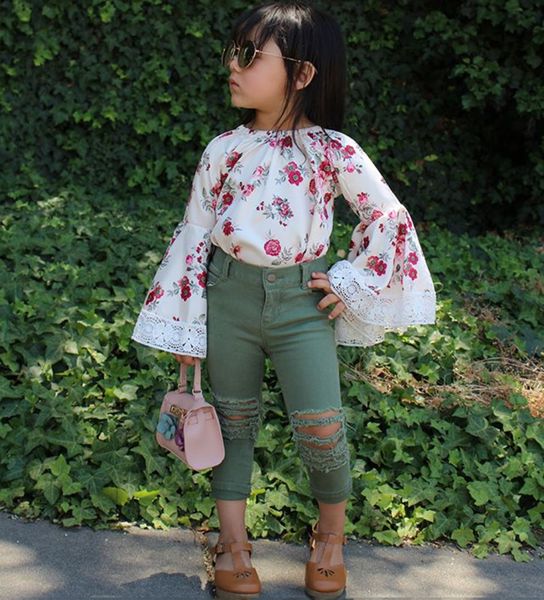 

august new arrival 2pcs infant kids baby girl floral dress denim pants jeans clothes outfit floral print flare sleeve blouse, White