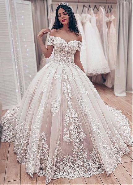 

dazzling tulle off-the-shoulder neckline ball gown wedding dresses with lace appliques plus size wedding gowns vestido de novia bridal gowns, White