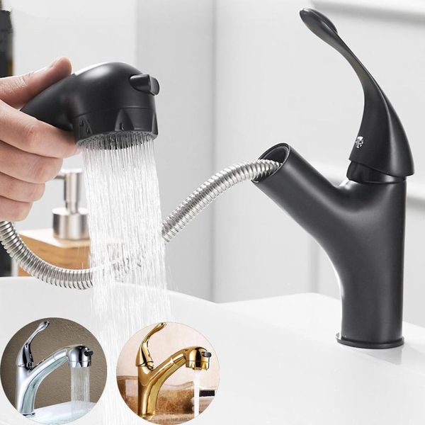 

Pull Out Bathroom Basin Sink Faucet Single Handle Hot and Cold Water Crane Vessel Black Chrome Finished Sink Mixer Tap